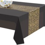 Party Tablecloth Black Base with Gold Glitter Table Runner